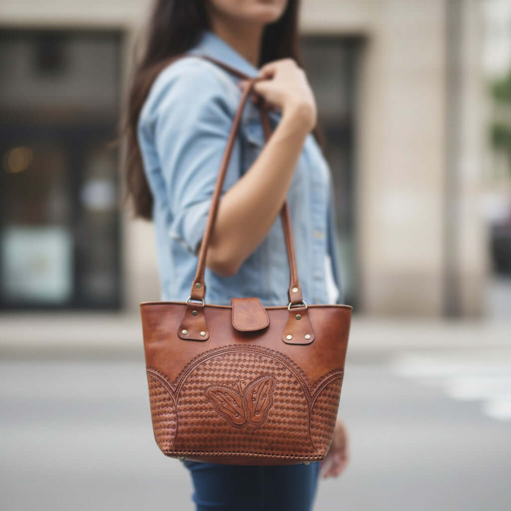 Cincelada Leather Tote | Hand Tooled Mexican Butterfly Bag