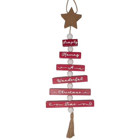 Wood Traditional Christmas Tree Shaped Wall Sign - Red