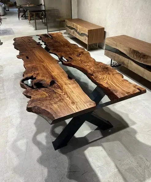 Live Edge, Epoxy Resin River Dining Room Table Made Of Chestnut Wood