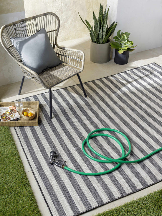 Bongaree Black&Gray Striped Flatweave Outdoor Carpet - Clearance