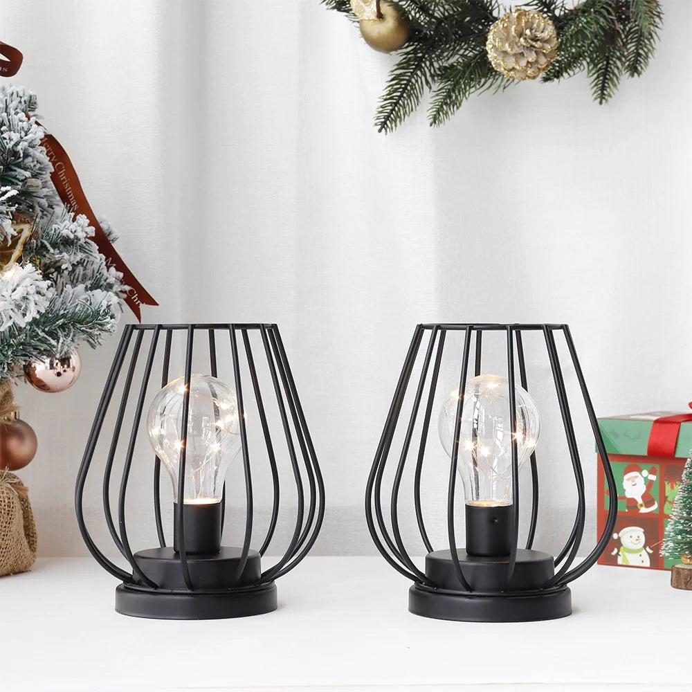 7''Tall  Set of 2 Metal Battery Operated Lamp  (Black)