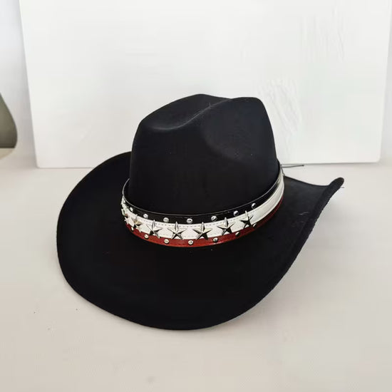 American Flag Star Studded Cowboy Hat – Patriotic Felt Western Hat | Wide Brim, Red White & Blue Band (Unisex)