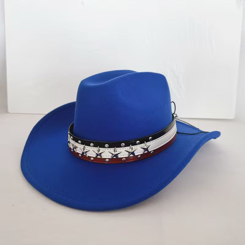 American Flag Star Studded Cowboy Hat – Patriotic Felt Western Hat | Wide Brim, Red White & Blue Band (Unisex)