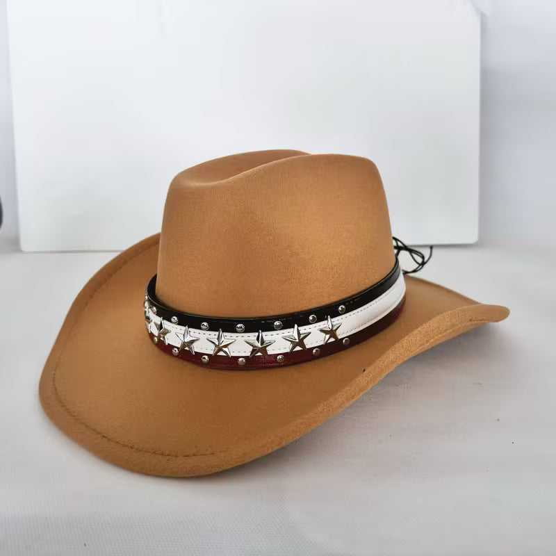 American Flag Star Studded Cowboy Hat – Patriotic Felt Western Hat | Wide Brim, Red White & Blue Band (Unisex)