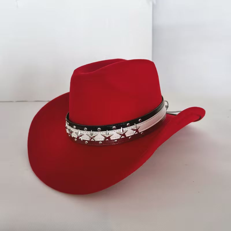 American Flag Star Studded Cowboy Hat – Patriotic Felt Western Hat | Wide Brim, Red White & Blue Band (Unisex)