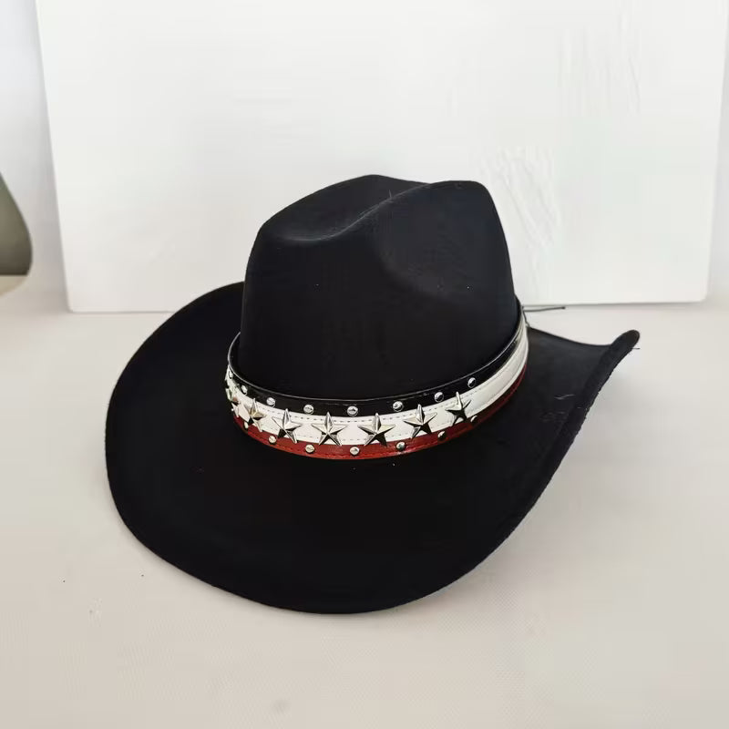 American Flag Star Studded Cowboy Hat – Patriotic Felt Western Hat | Wide Brim, Red White & Blue Band (Unisex)