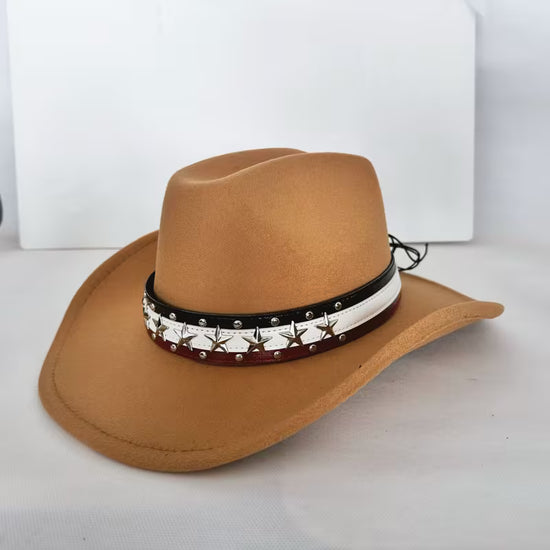 American Flag Star Studded Cowboy Hat – Patriotic Felt Western Hat | Wide Brim, Red White & Blue Band (Unisex)
