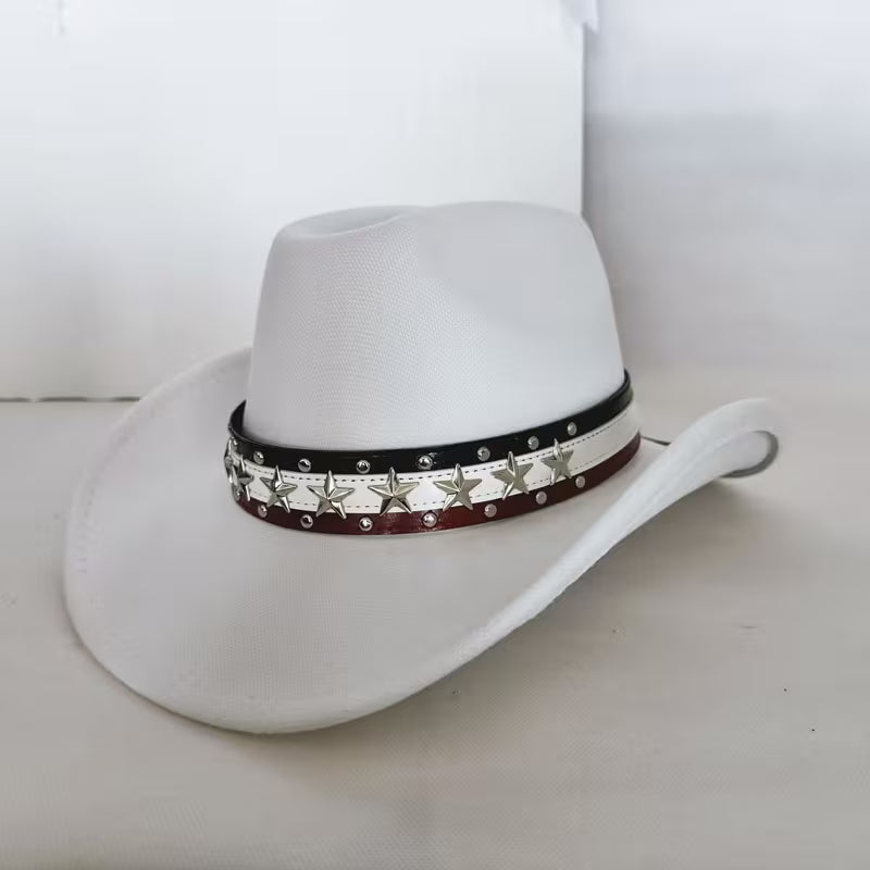 American Flag Star Studded Cowboy Hat – Patriotic Felt Western Hat | Wide Brim, Red White & Blue Band (Unisex)