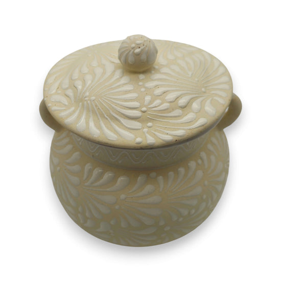 Cream Talavera Bean Pot with Lid | Handmade Mexican Clay