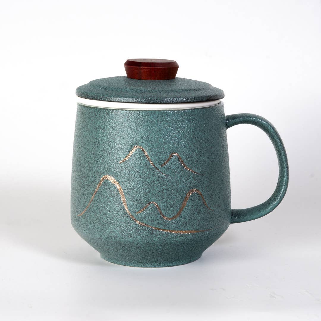 15oz Tea Mugs with Lid and Infuser for Loose Leaf Tea Mountain Design Green (4/48)