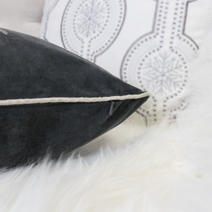 Gray Velvet Holiday Throw Pillow with Snowflake Wreath Embroidery, holiday sofa and bedroom decor