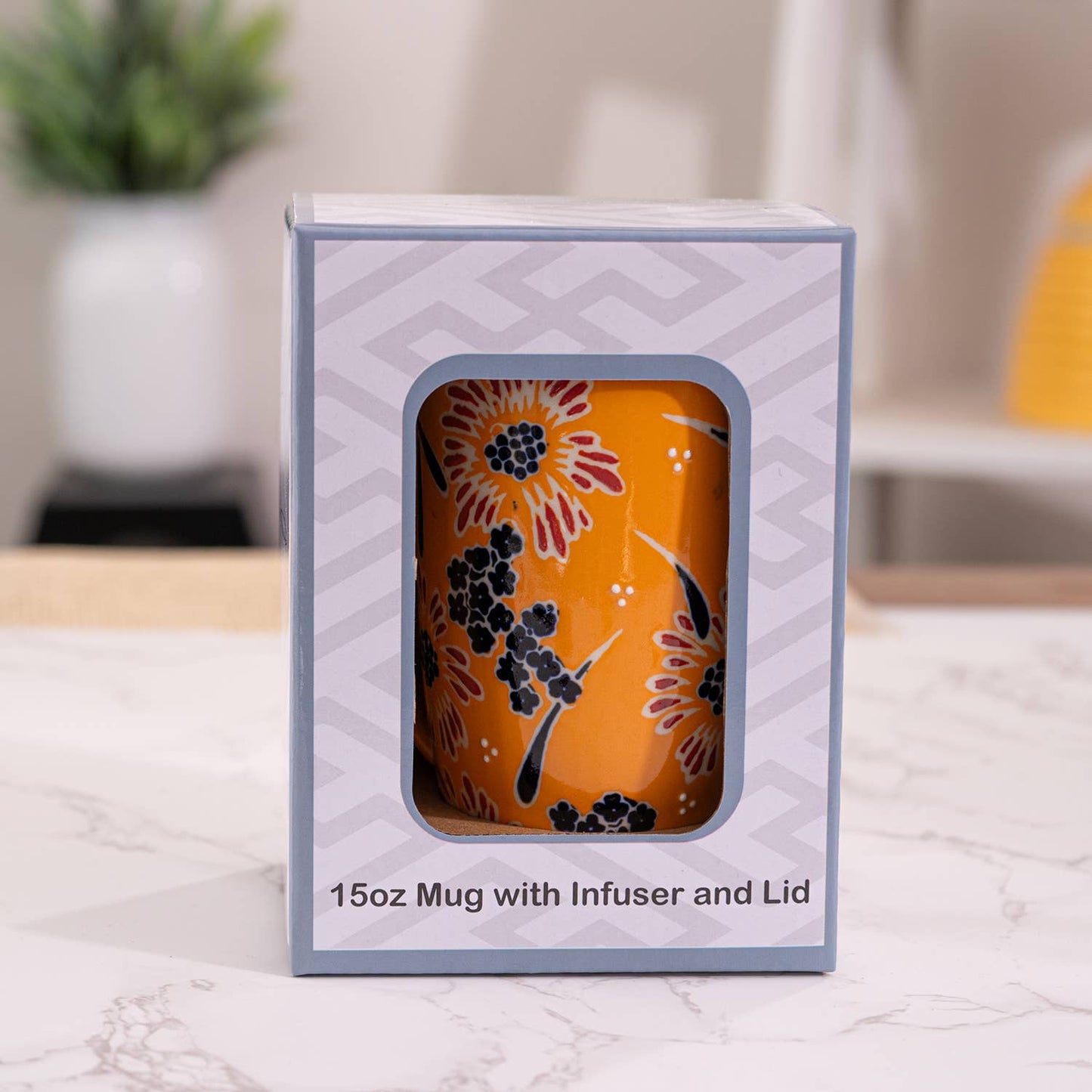 Yellow Flower Tea Mug with Lid & Infuser – 15 fl.oz. Porcelain Mug in Gift Box