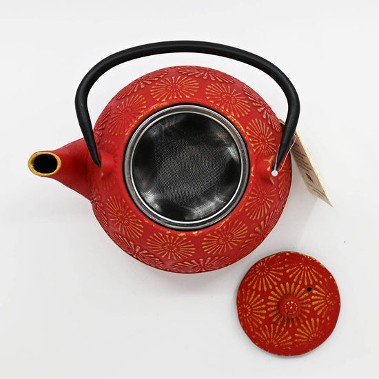 Red Kiku Chrysanthemum Design 40oz Cast Iron Tea Pot (1/8)