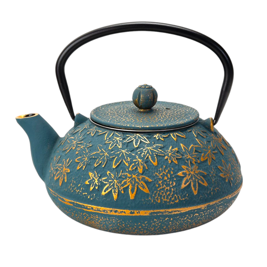 Turquoise Maple Leaves Momiji Design 40oz Cast Iron Tea Pot