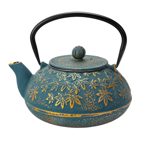 Turquoise Maple Leaves Momiji Design 40oz Cast Iron Tea Pot