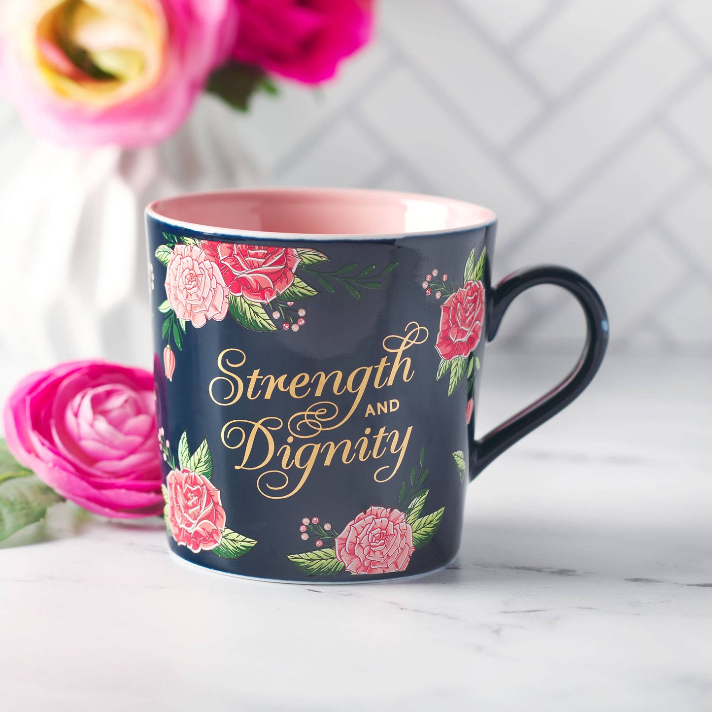 Mug Pink/Navy Floral Strength & Dignity Prov. 31:25