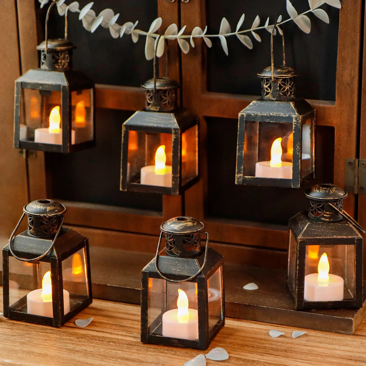 6 Pcs Small Metal Candle Lanterns Vintage Hanging House Tealight Lantern