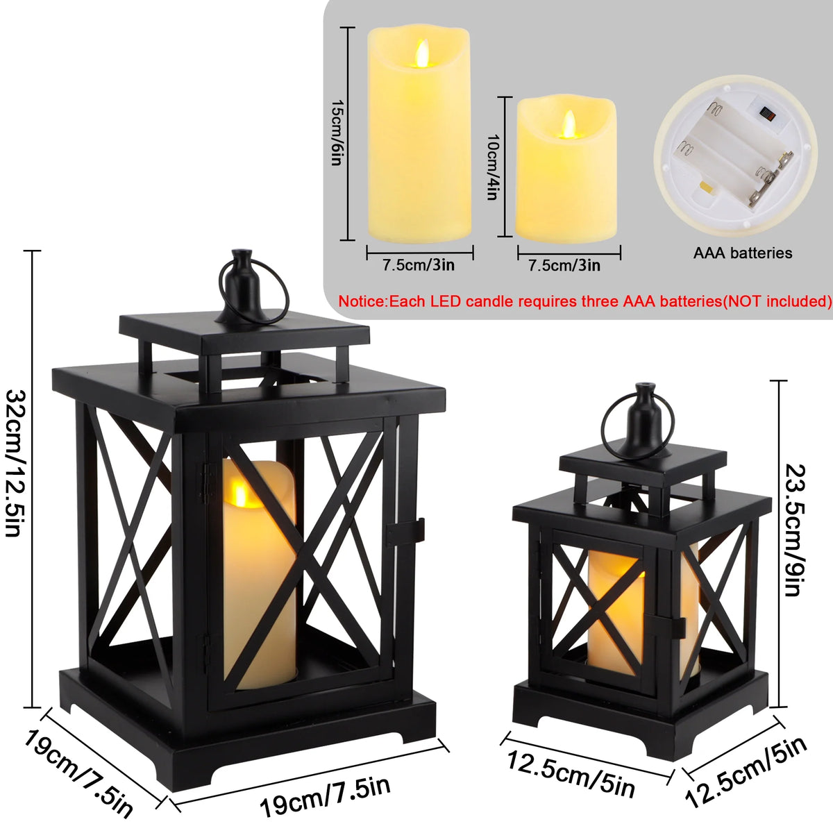 12.5" & 9" H Hanging Candle Lanterns with LED Pillar Candles