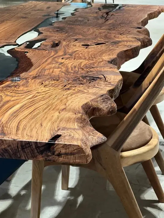 Live Edge, Epoxy Resin River Dining Room Table Made Of Chestnut Wood