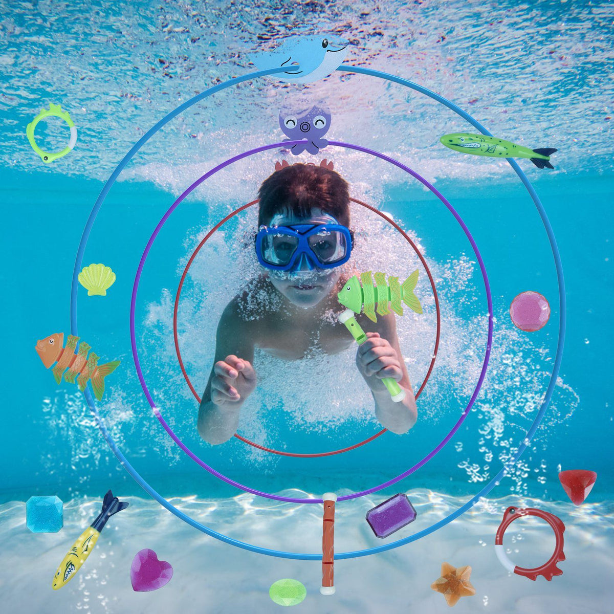 24PCS Kids Diving Pool Toys Set – Rings, Torpedoes, Volleyball