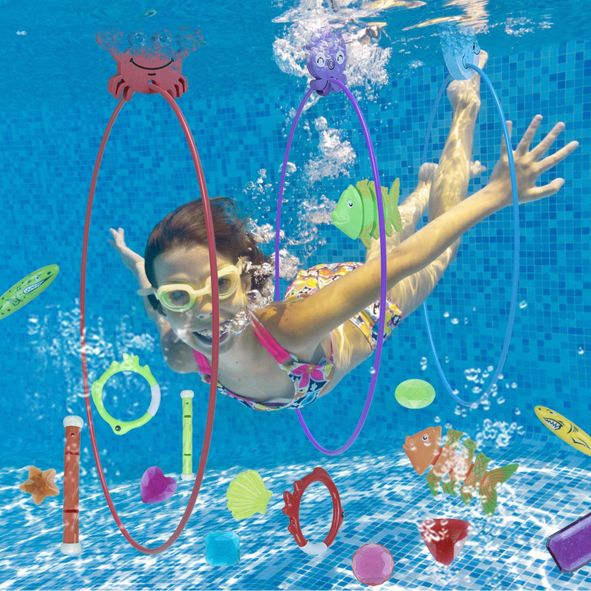 24PCS Kids Diving Pool Toys Set – Rings, Torpedoes, Volleyball