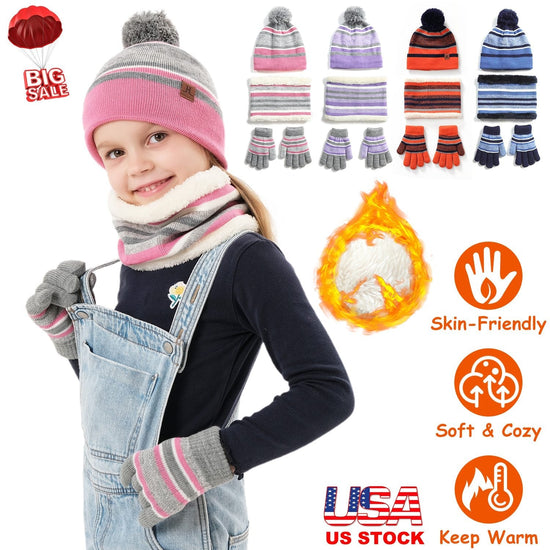 Winter Kids Knitted Hat Scarf Gloves 3Pcs Boys Girls Winter Warm Beanie Hat and Glove Scarf Set Beanie Neck Warmer Mittens for 4-7-Year-Old Kids