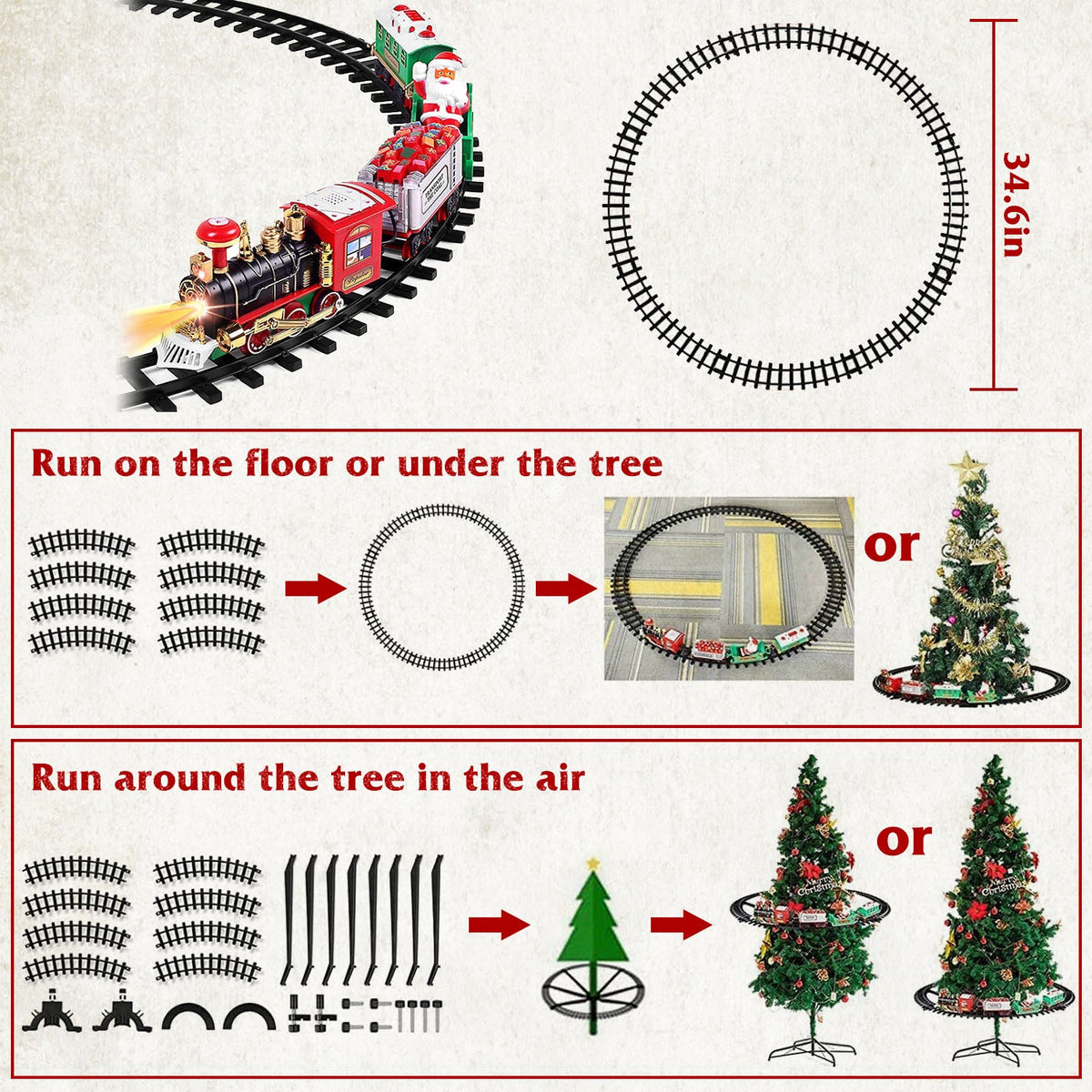 Electric Train Set Kid Toy Xmas Steam Train Kit Tree Surround Track Battery Operated with Sound Light Santa Claus Christmas Gift