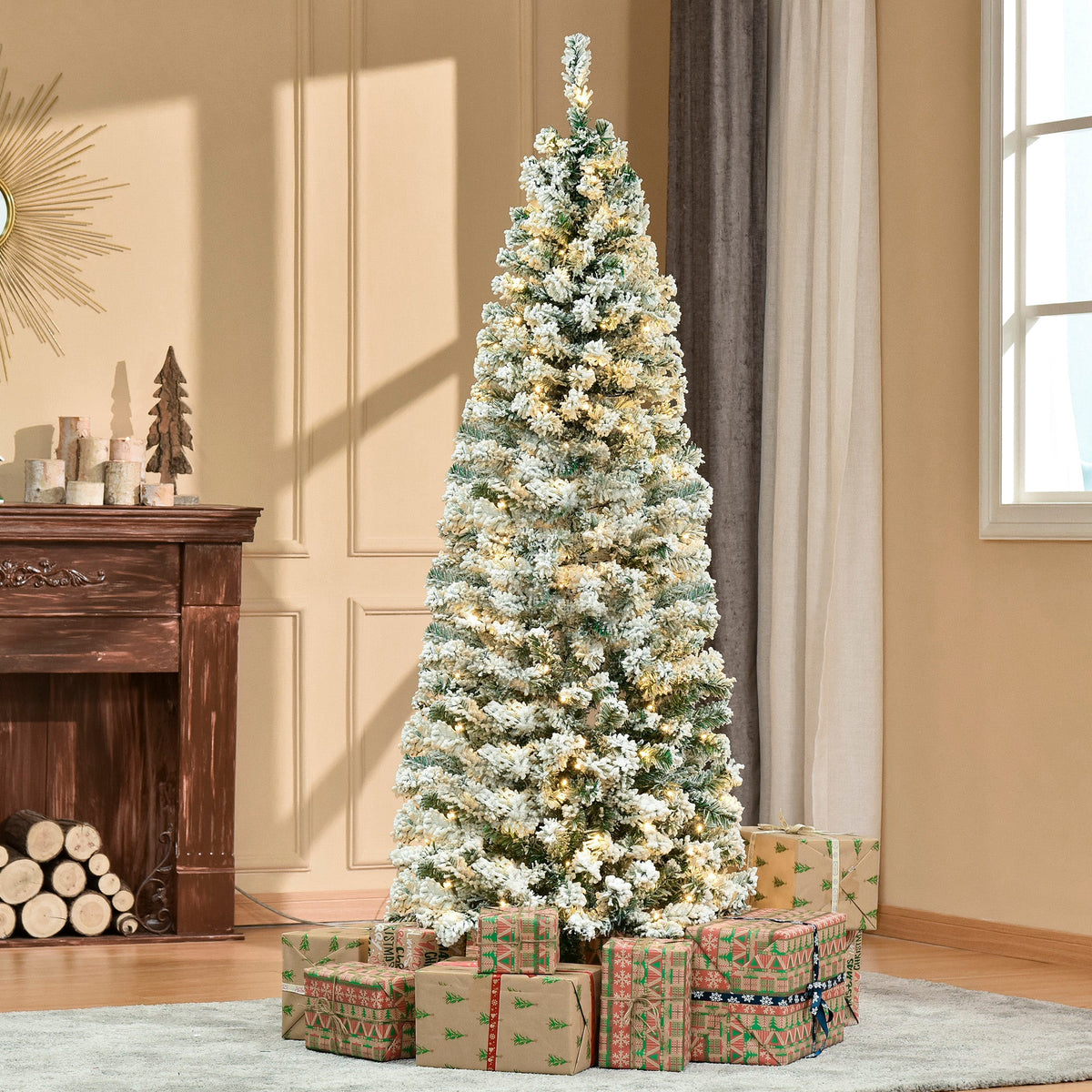 HOMCOM 6ft Pre-Lit Snow-Flocked Slim Douglas Fir Christmas Tree