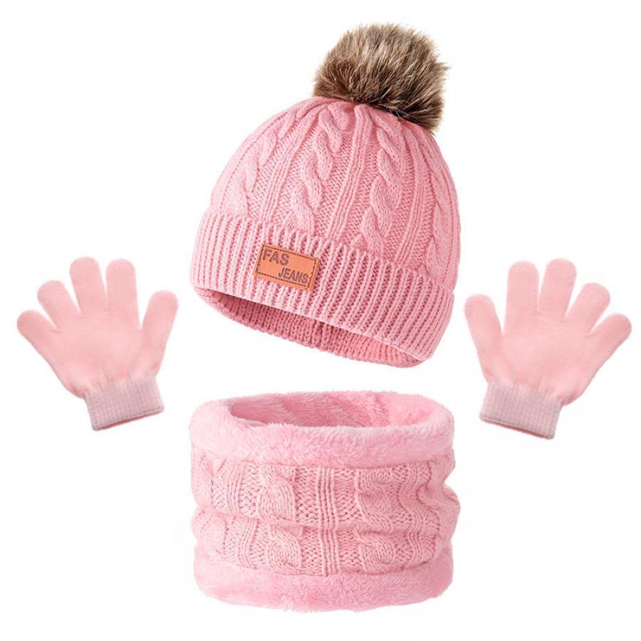 Cozy Youngsters' Beige Knit Hat, Scarf & Gloves Set with Pom-Pom – Soft Acrylic, Warm & Stylish Winter Fashion for Kids
