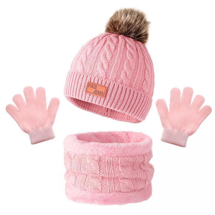 Cozy Youngsters' Beige Knit Hat, Scarf & Gloves Set with Pom-Pom – Soft Acrylic, Warm & Stylish Winter Fashion for Kids