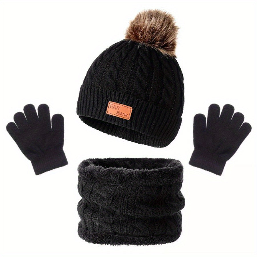 Cozy Youngsters' Beige Knit Hat, Scarf & Gloves Set with Pom-Pom – Soft Acrylic, Warm & Stylish Winter Fashion for Kids