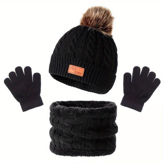 Cozy Youngsters' Beige Knit Hat, Scarf & Gloves Set with Pom-Pom – Soft Acrylic, Warm & Stylish Winter Fashion for Kids
