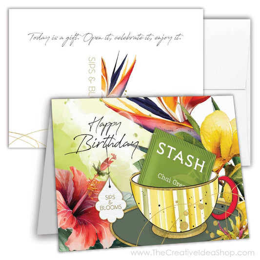 TEA GREETING Card with REAL TEA BAG - Birthday Sips Blooms 1