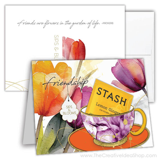 TEA GREETING Card with REAL TEA BAG - Friendship Sips Blooms