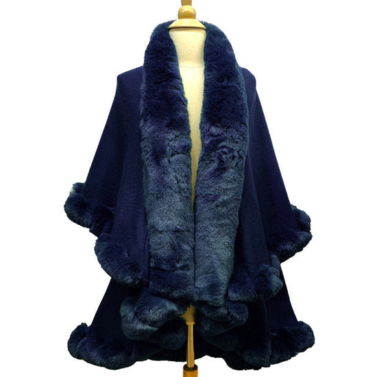 Elegant 2 Row Faux Fur Trim Knit Poncho Ruana