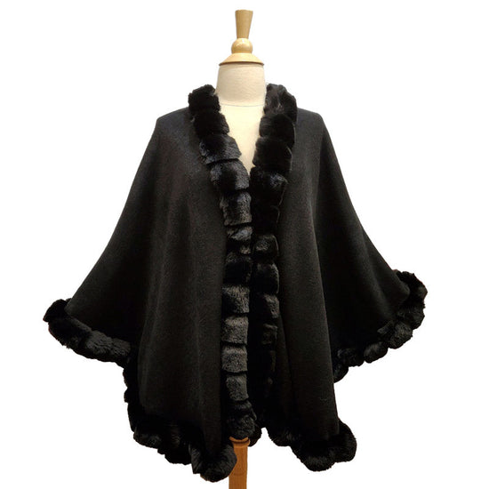 Elegant Faux Fur Trim Knit Poncho Ruana Cape