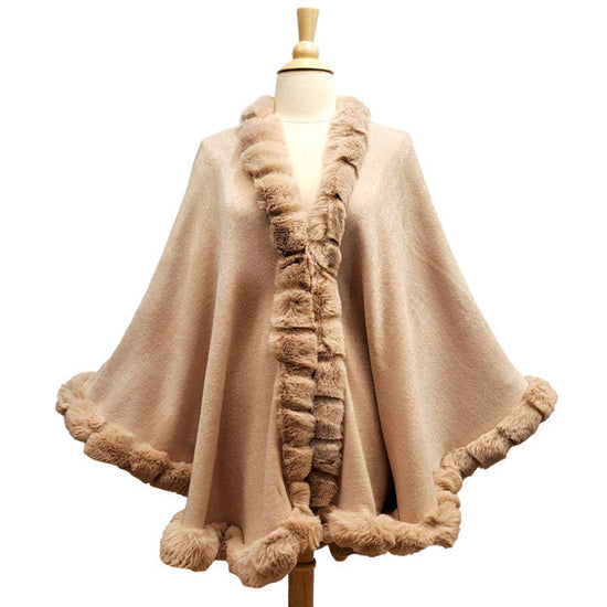 Elegant Faux Fur Trim Knit Poncho Ruana Cape
