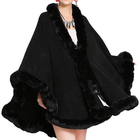 Elegant Faux Fur Trim Knit Poncho Ruana Cape