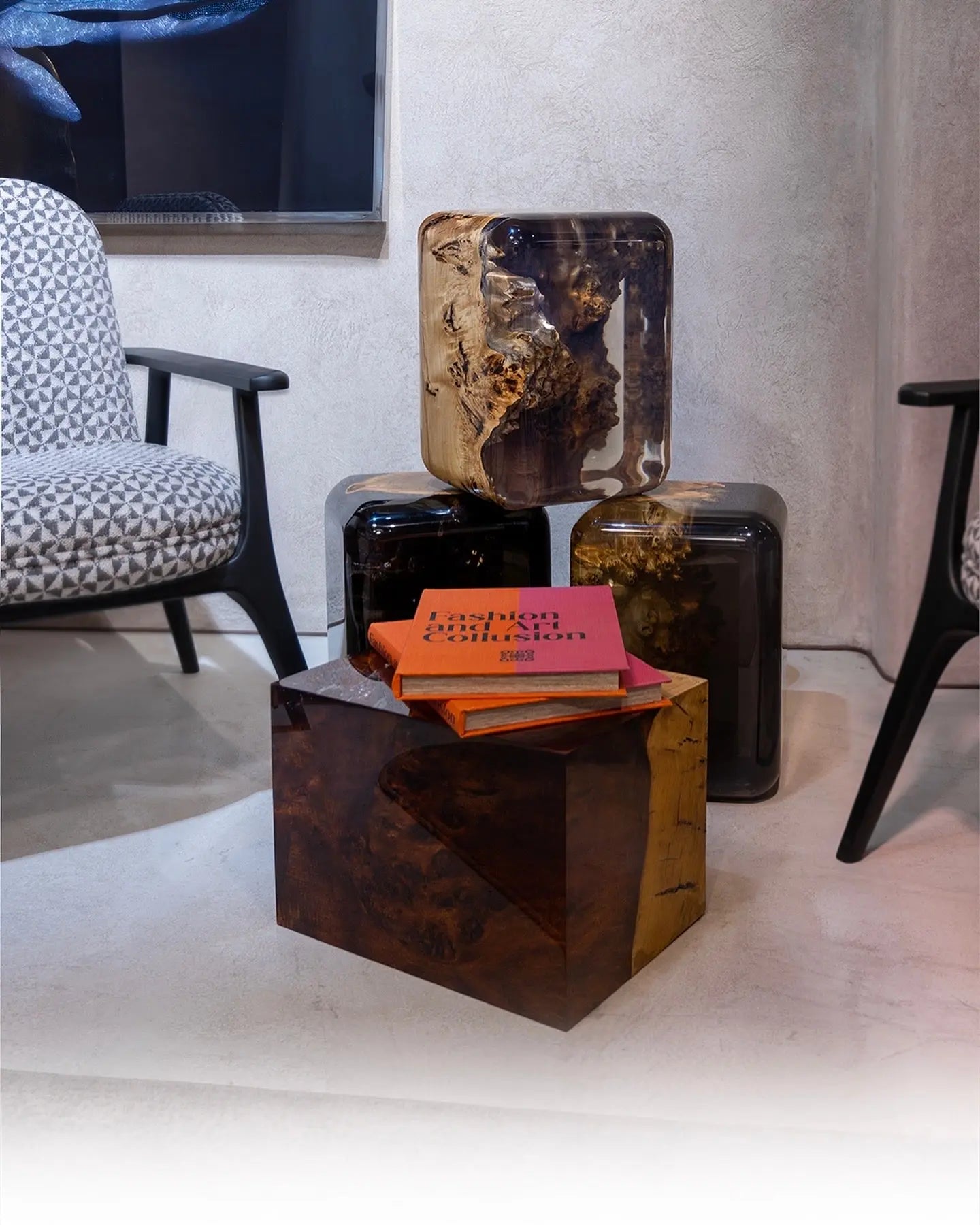 Resin Cube Side Table, Epoxy Wood Stool, Cube Accent Table