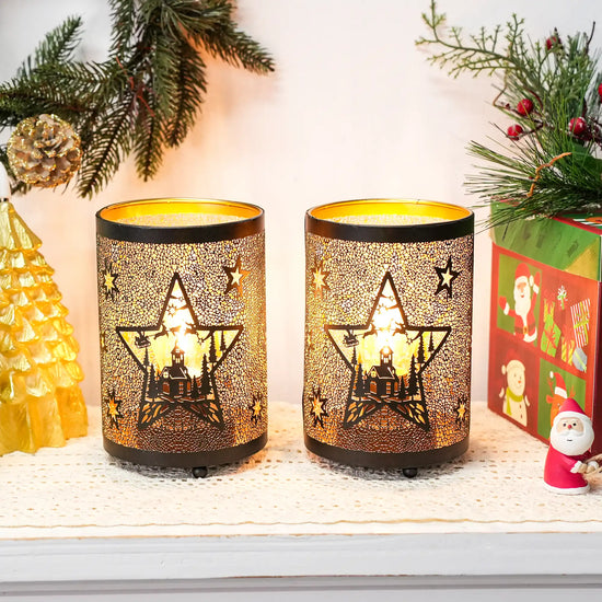 12PCS Etched Star lamp Battery Operated 6.5" H Bronze Metal Table Lamp with 6H Timer Decorations for Living Room Tabletop Parties Patio Entryway Indoors Outdoors
