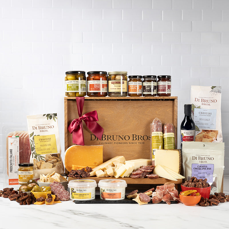Extravaganza Cheese & Charcuterie Gourmet Gift Crate, gourmet food gift for birthdays, holidays and special occasions at Cedar & Spice Gifts