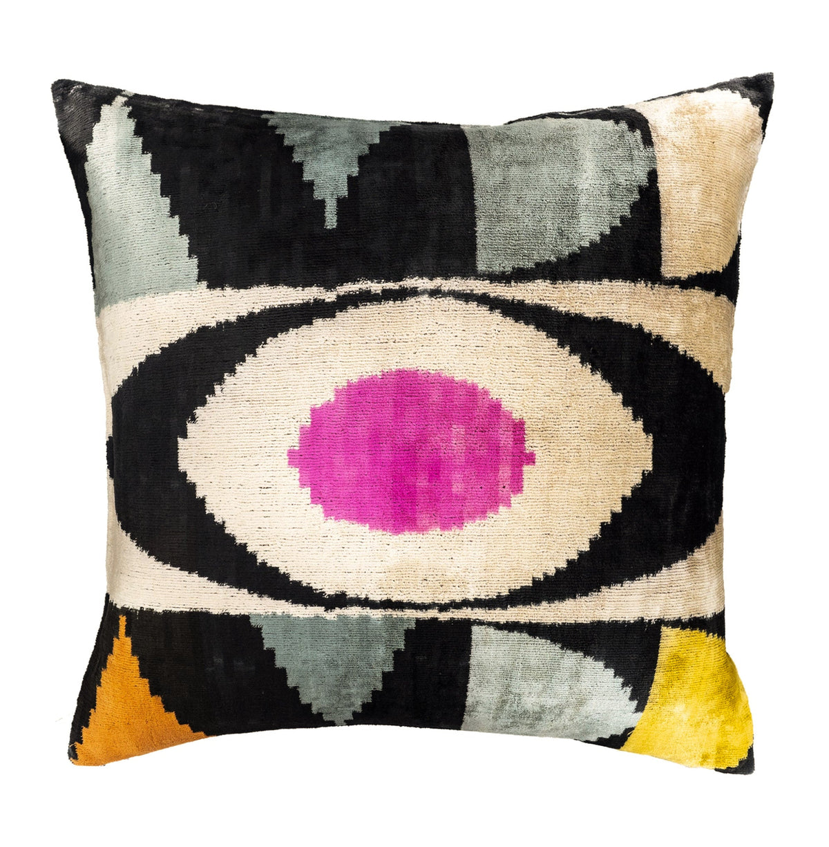 Eye of Ra Silk Velvet Ikat Throw Pillow Cover 24 X 24, luxury ikat accent for sofa or bed at Cedar & Spice Gifts