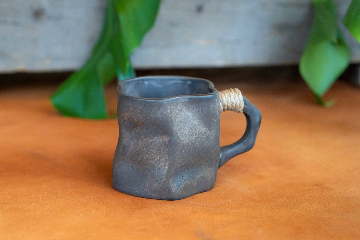 Rustic Modern Dark Ceramic Mug with Rope Wrapped Handle