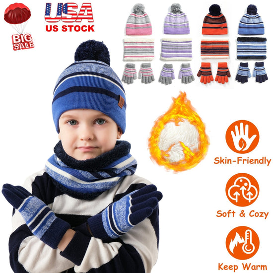 Winter Kids Knitted Hat Scarf Gloves 3Pcs Boys Girls Winter Warm Beanie Hat and Glove Scarf Set Beanie Neck Warmer Mittens for 4-7-Year-Old Kids