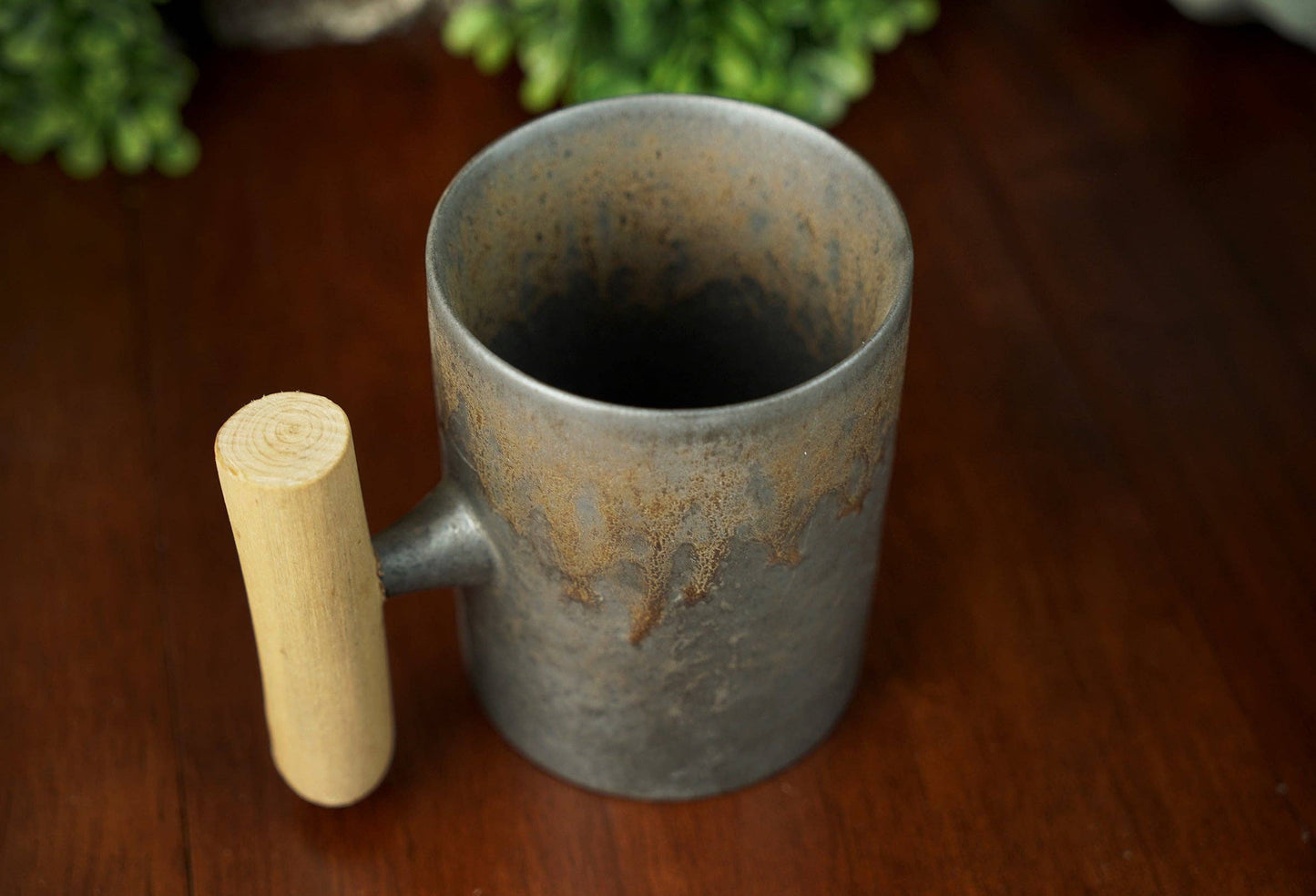 Iron Bronze Glazed Ceramic Mug with Wooden Handle