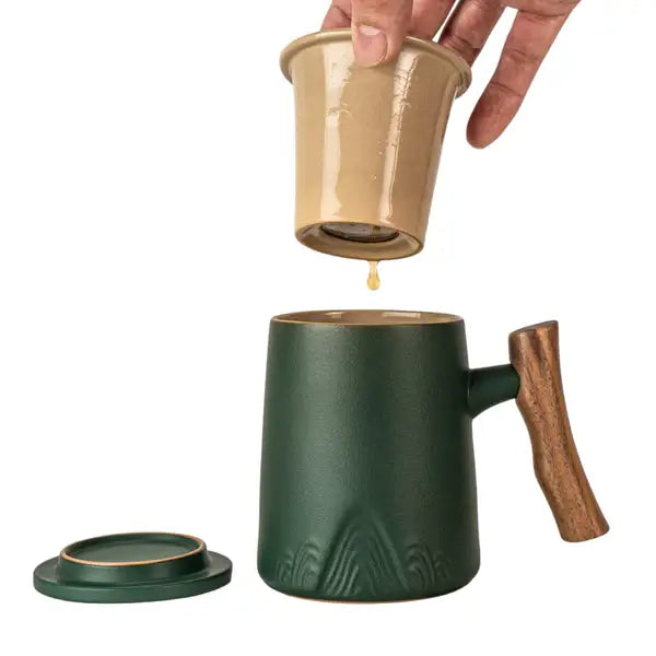 Porcelain Mug with Infuser & Wood Lid – 12 fl.oz. Japanese-Inspired Tea Cup