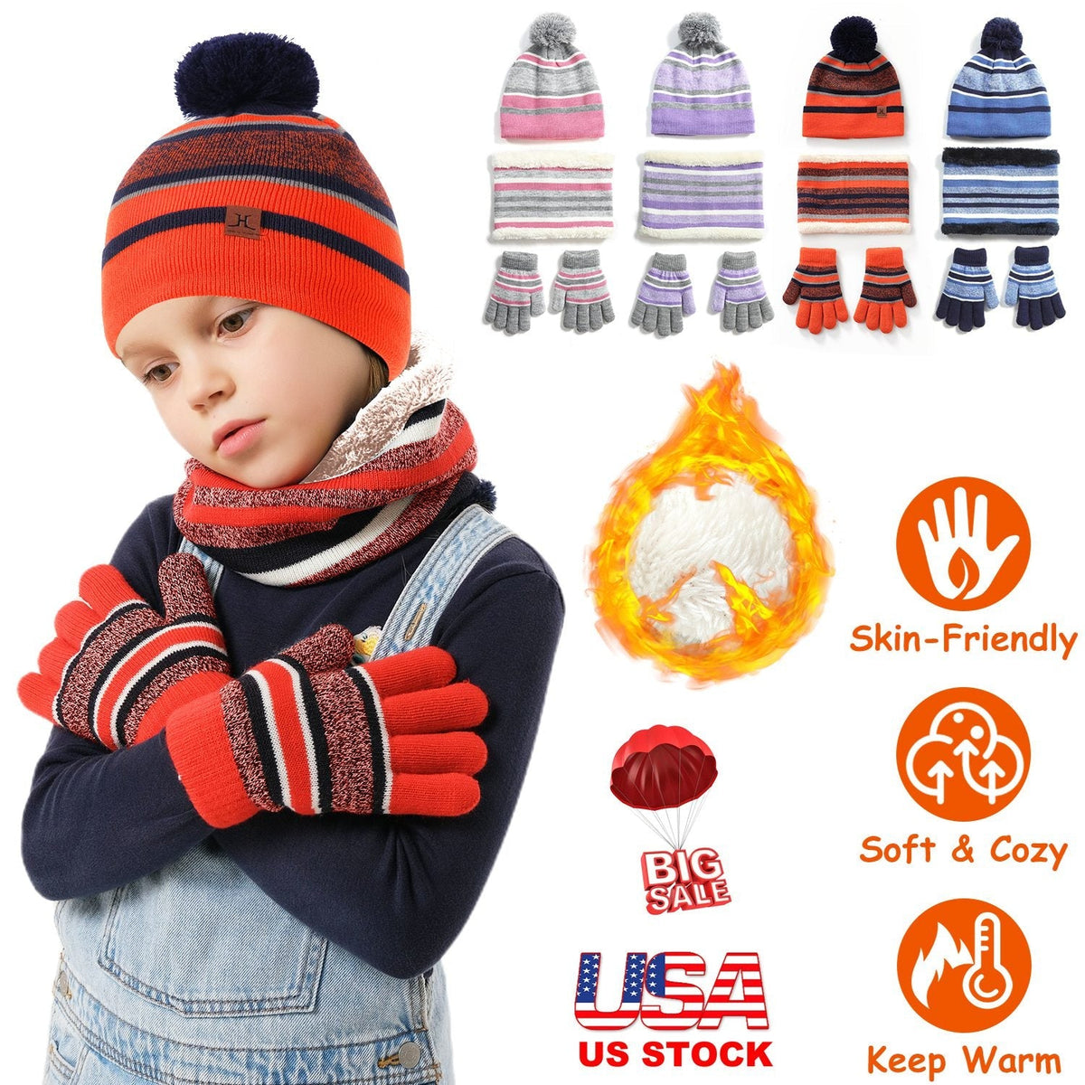 Winter Kids Knitted Hat Scarf Gloves 3Pcs Boys Girls Winter Warm Beanie Hat and Glove Scarf Set Beanie Neck Warmer Mittens for 4-7-Year-Old Kids