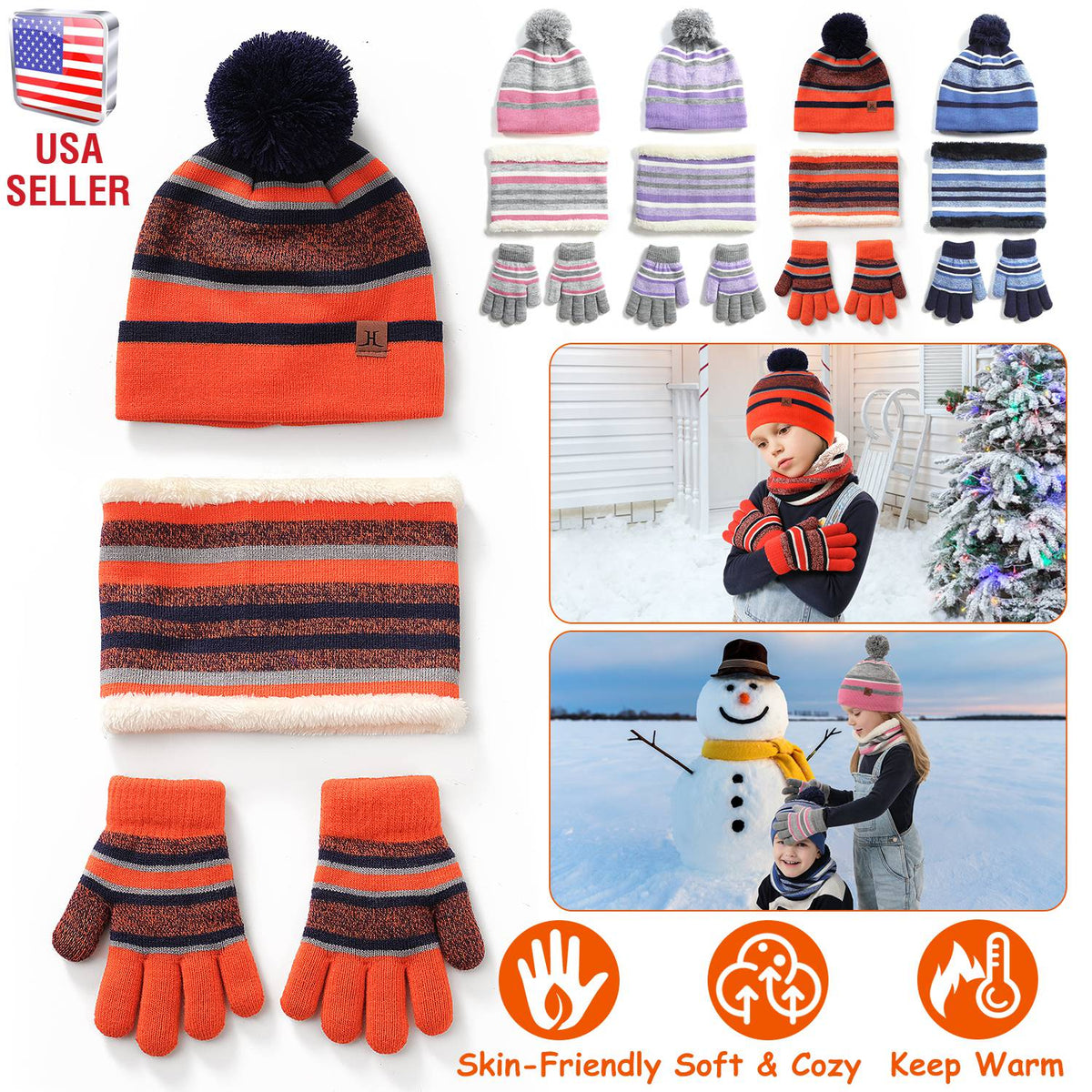 Winter Kids Knitted Hat Scarf Gloves 3Pcs Boys Girls Winter Warm Beanie Hat and Glove Scarf Set Beanie Neck Warmer Mittens for 4-7-Year-Old Kids