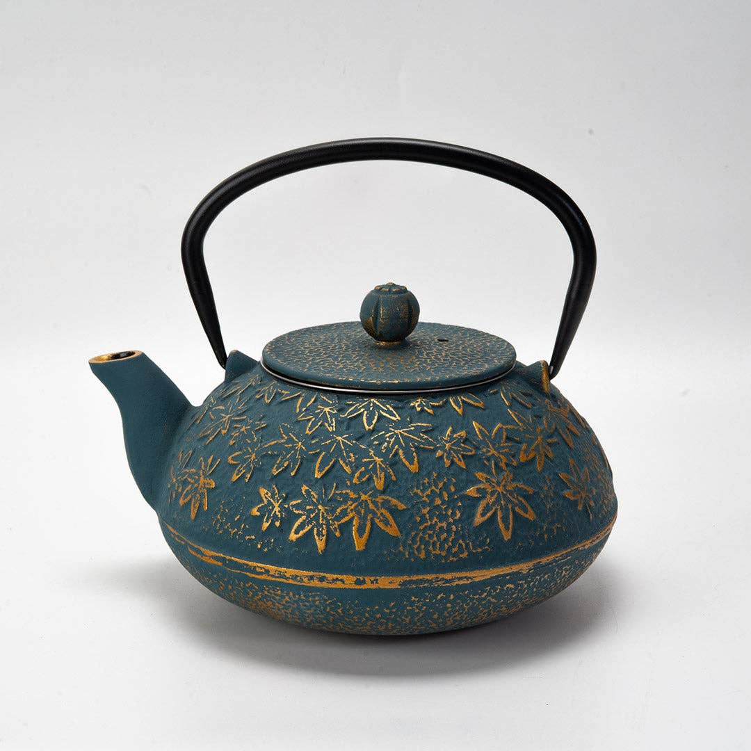 Turquoise Maple Leaves Momiji Design 40oz Cast Iron Tea Pot