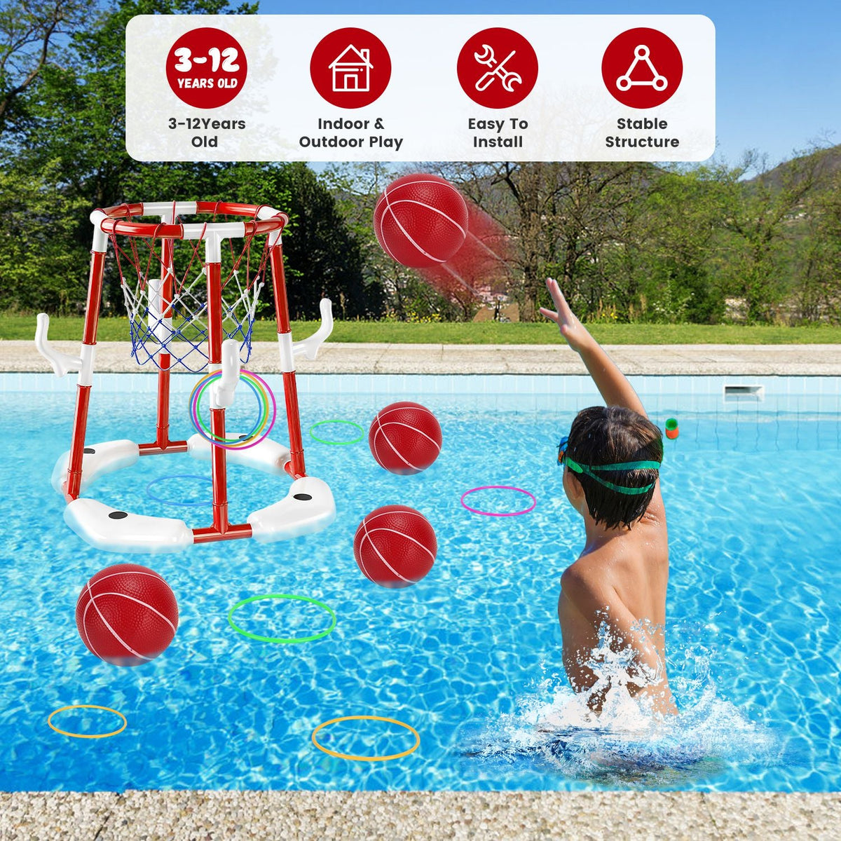 Summer Pool Basketball Hoop Toy Set With 4 Basketballs 4 Circles Pump Floating Swimming Pool Basketball Games Poolside Water Play Toy For 3-12Years Ol